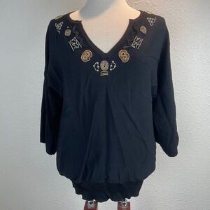Multiples Black 3/4 Sleeve Beaded Blouse Top EUC